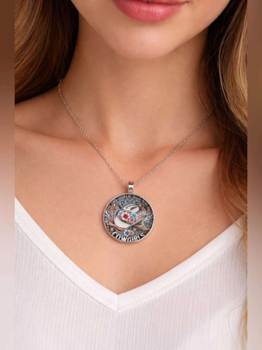 Cowgirls Floral Cowgirl Hat & Boots Pendant Necklace - Silver Tone